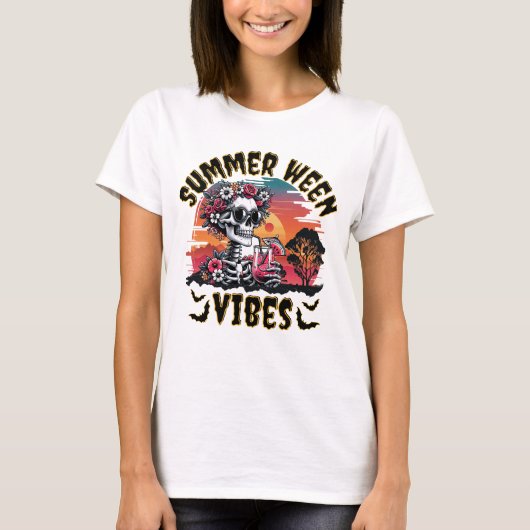 Summerween Sunset Floral Skeleton Watermelon Juice Tシャツ (正面)