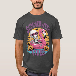 Summerween Vibes Skeleton Flamingo Spooky Hallowee Tシャツ