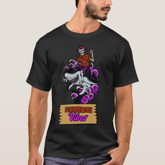 Summerween Vibes Skeleton Riding a Shark Tシャツ (正面)