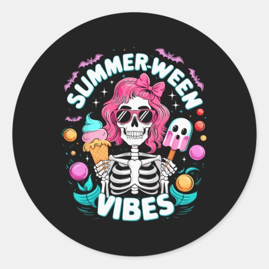 Summerween Vibes Skeleton Spooky Vacation Hallowee ラウンドシール (正面)