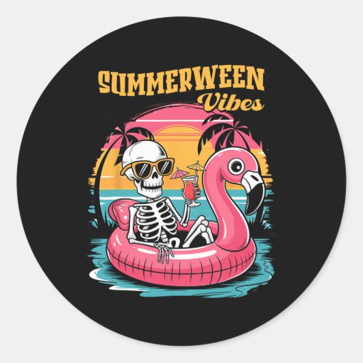Summerween Vibes Skeleton Summer Vacation Funny Ha ラウンドシール (正面)
