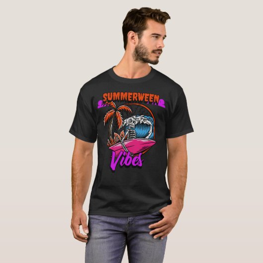 Summerween Vibes Surfing Skeleton Tシャツ (正面フル)