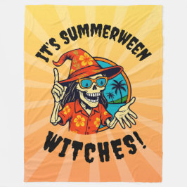 Summerween Witch Skeleton in Tropical Witch Hat  フリースブランケット