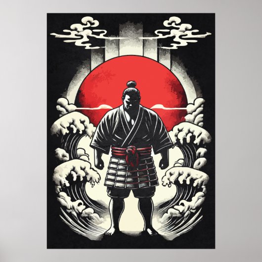 Sumo Wrestler In Red Moon, Japanese Anime Tattoo ポスター (正面)