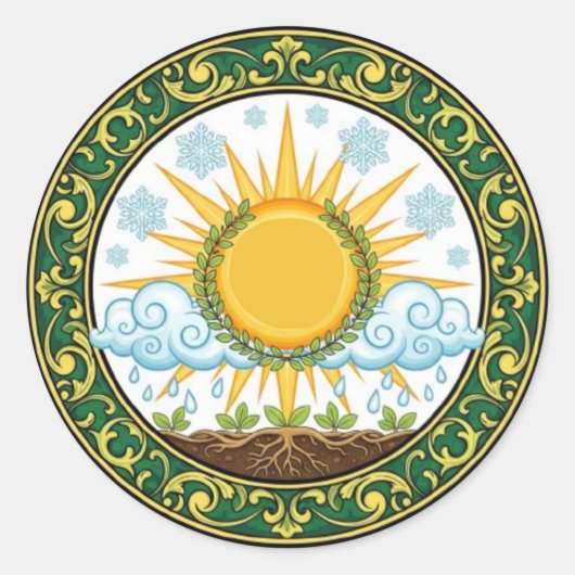 Sun and Rain Nature Cycle Botanical Emblem ART ラウンドシール (正面)