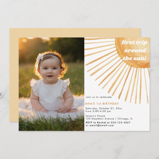 Sun Bohoののまわりに最初の旅1番目の誕生日の写真 招待状 (正面/裏面)