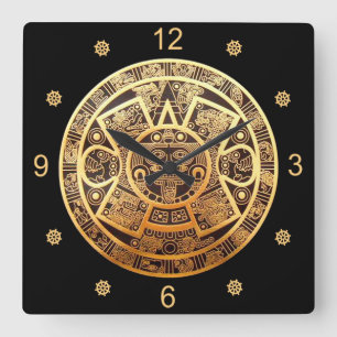 Sun Calendar アステカ ~金ゴールドと黒~ スクエア壁時計