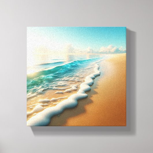 Sun-Drenched Golden Beach with Thick White Seafoam キャンバスプリント (正面)