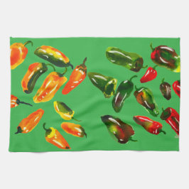 Sun-Drenched Peppers on Bright Green Kitchen Towel キッチンタオル