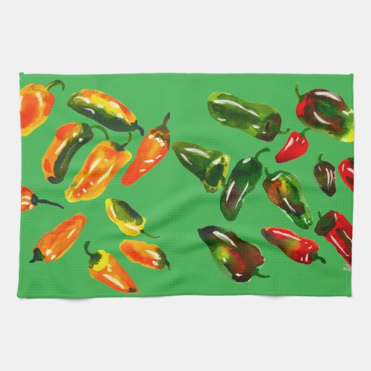 Sun-Drenched Peppers on Bright Green Kitchen Towel キッチンタオル (横)