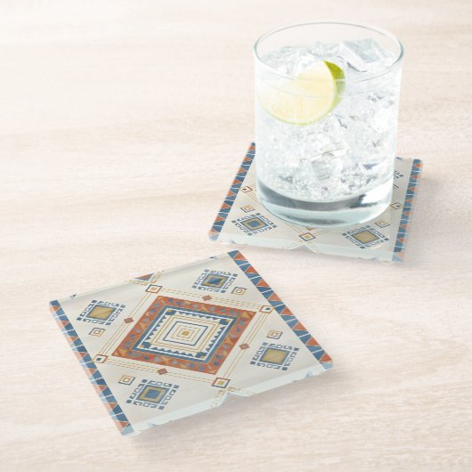 Sun-Drenched Terracotta and Blue Desert Kilim ガラスコースター (アングル)