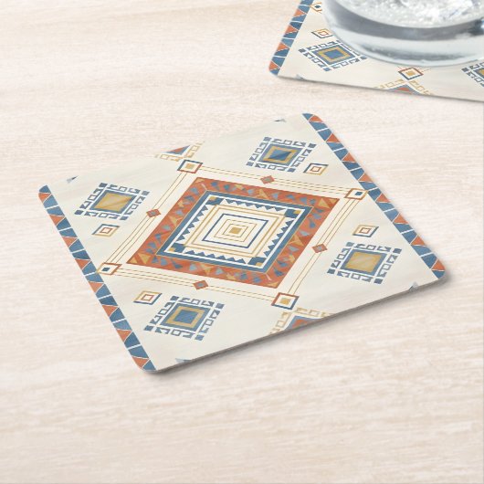 Sun-Drenched Terracotta and Blue Desert Kilim スクエアペーパーコースター (アングル)