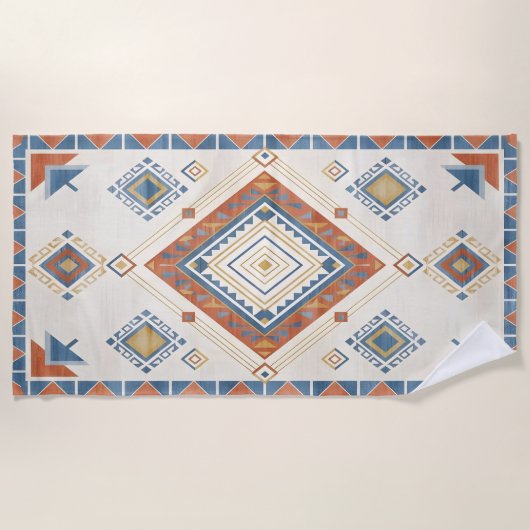 Sun-Drenched Terracotta and Blue Desert Kilim ビーチタオル (正面)