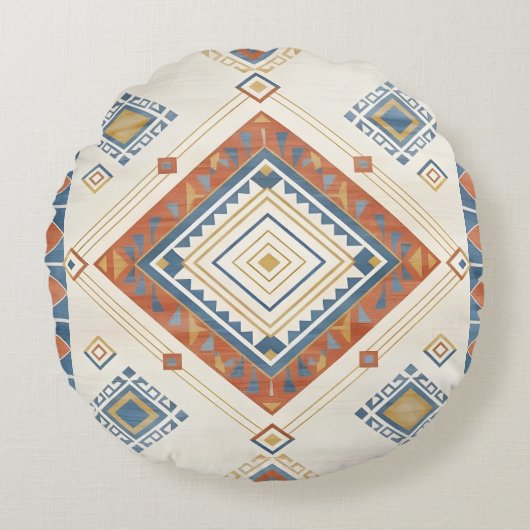 Sun-Drenched Terracotta and Blue Desert Kilim ラウンドクッション (正面)