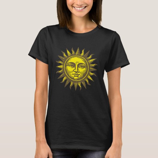 Sun Face Celestial Art Retro Woodcut Style Tシャツ (正面)