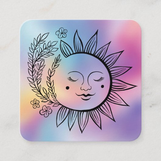 Sun Floral Boho Line Art Elegant QR Code Rainbow  スクエア名刺 (正面)