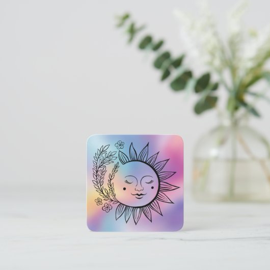 Sun Floral Boho Line Art Elegant QR Code Rainbow  スクエア名刺 (スタンド正面)