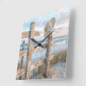 Sun Hat On a Beach Fence スクエア壁時計 (傾斜)
