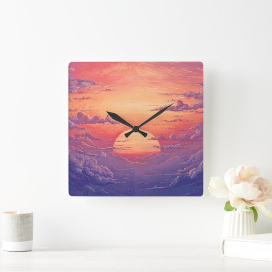 Sun Horizon - Vibrant Painterly Illustration Style スクエア壁時計 (ホーム)