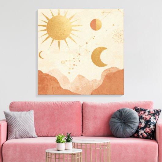 Sun Moon and Stars Wall Art – Celestial Boho Decor キャンバスプリント (インサイチュ (リビング))