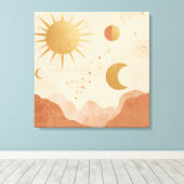 Sun Moon and Stars Wall Art – Celestial Boho Decor キャンバスプリント (インサイチュ (ウッドフロア))
