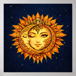 Sun Moon Boho Goddess | Celestial Face Mandala Art ポスター