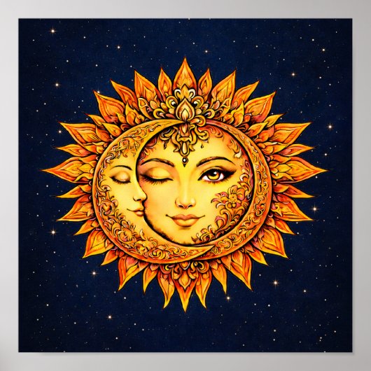 Sun Moon Boho Goddess | Celestial Face Mandala Art ポスター (正面)