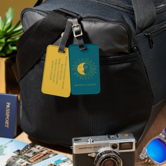 Sun & Moon Boho Line Art Elegant Gold Blue CUSTOM ラゲッジタグ (正面&裏面)