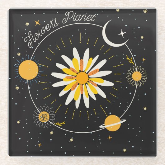 Sun Moon Planets:グラフィックフローラアート ガラスコースター (正面)