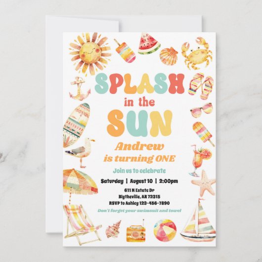 Sun Pool Birthday Partyの招待でスプラッシュ 招待状 (正面)