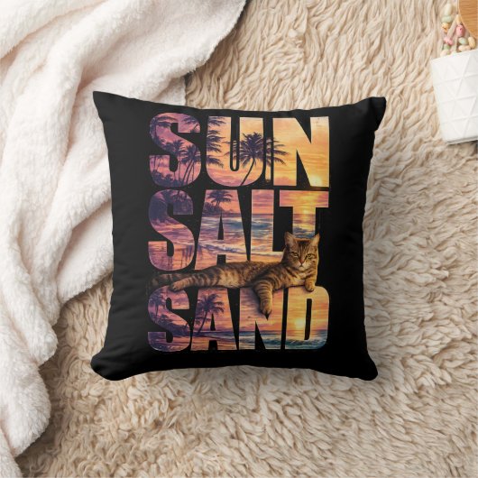 Sun Salt Sand Beach Cat Sunset Black クッション (ブランケット)