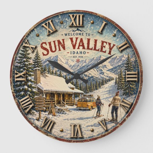 Sun Valley Idaho Ski Resort Rustic Mountain Cabin ラージ壁時計 (正面)