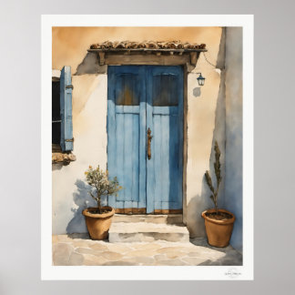 Sun-Washed Blue Village Door Oil Painting ポスター