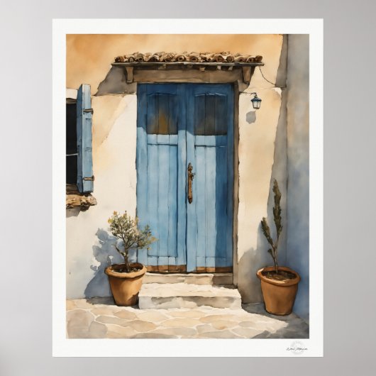 Sun-Washed Blue Village Door Oil Painting ポスター (正面)