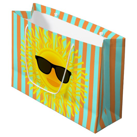 Sun with Dark Sunglasses on Aqua & Orange ストライプopt ラージペーパーバッグ (正面アングル)