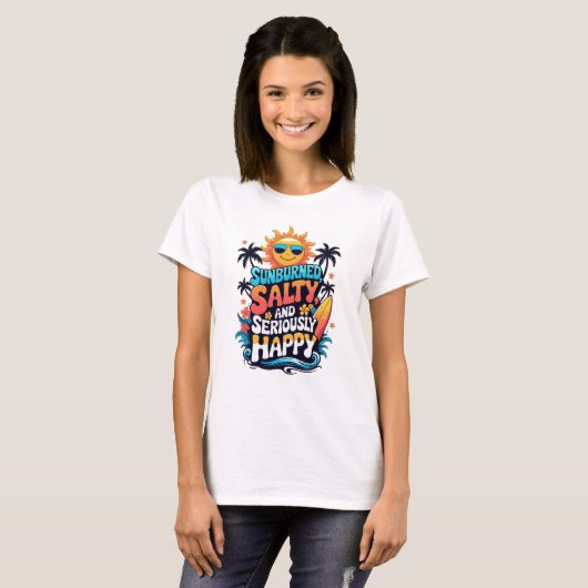 Sunburned Salty and Happy – Retro Beach Vibes Tシャツ (正面フル)
