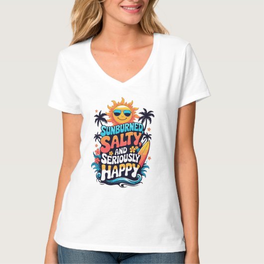 Sunburned Salty and Happy – Retro Beach Vibes Tシャツ (正面)