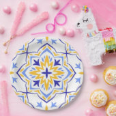Sunburst Bloom Elegant Blue Gold Floral Mosaic ペーパープレート (パーティー)