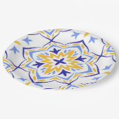 Sunburst Bloom Elegant Blue Gold Floral Mosaic ペーパープレート (アングル)