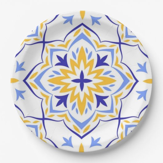 Sunburst Bloom Elegant Blue Gold Floral Mosaic ペーパープレート (正面)