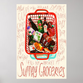 Sunday Groceries Print Red Shopping Basket, Foodie ポスター
