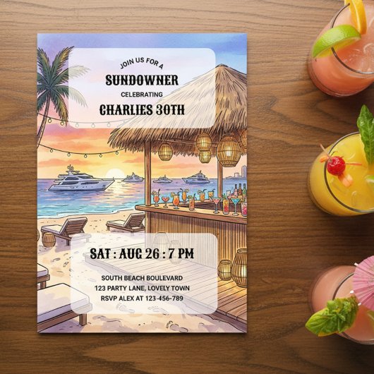 Sundowner Beach Bar Yacht Sunset 30th Party 招待状