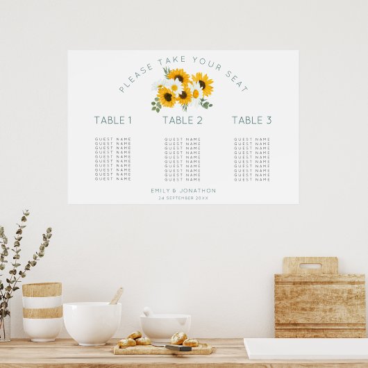 Sunflower 30 guests 3 tables seating chart ポスター (キッチン)