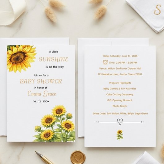 Sunflower Aesthetic Minimal Baby shower Invitation 招待状
