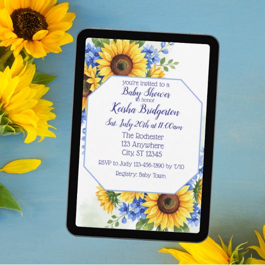 Sunflower and Blue Baby Shower 招待状