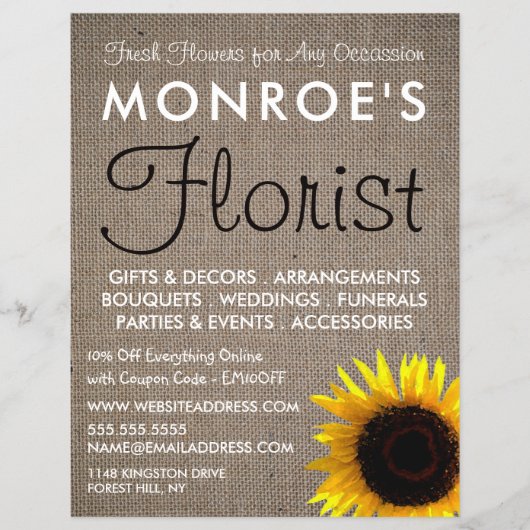 Sunflower and Burlap, Floristry Advertising チラシ (正面)