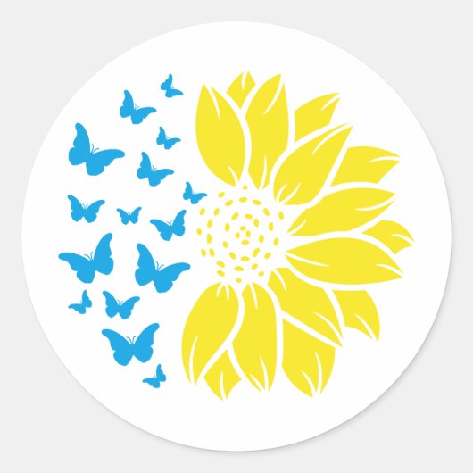 Sunflower and butterflies. Ukrainian flag colours. ラウンドシール (正面)