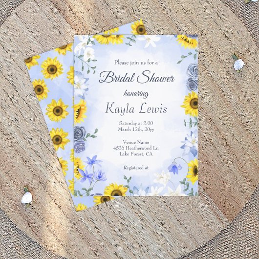 Sunflower and Dusty Blue Rose Bridal Shower 招待状