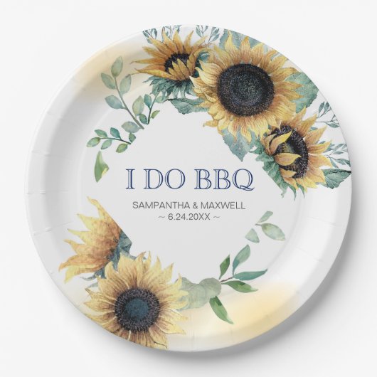 Sunflower and Navy Blue I Do BBQ ペーパープレート (正面)