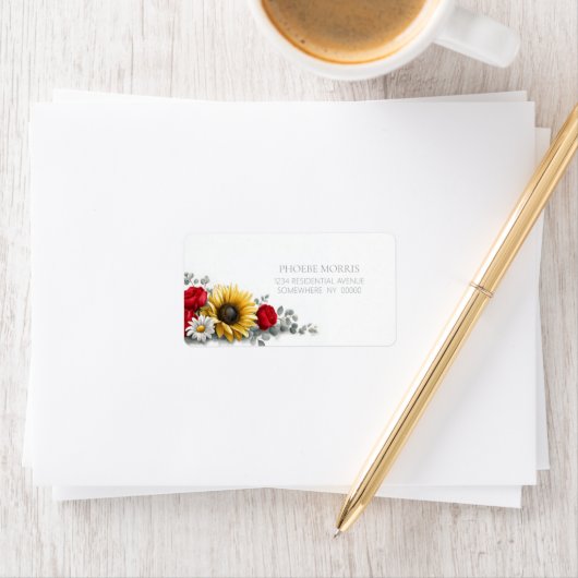 Sunflower and Red Rose Floral Address Label ラベル (インサイチュ)